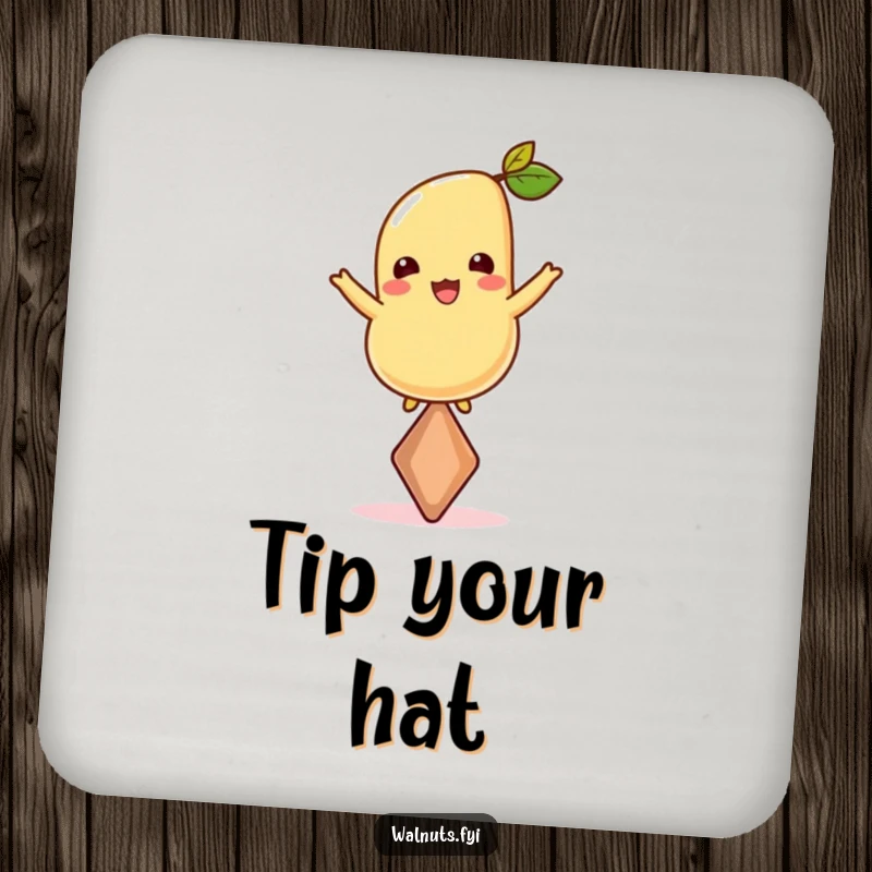 Funny drink coaster featuring a cashew balanced on its point, offering surface protection with nutty humor and impeccable poise.