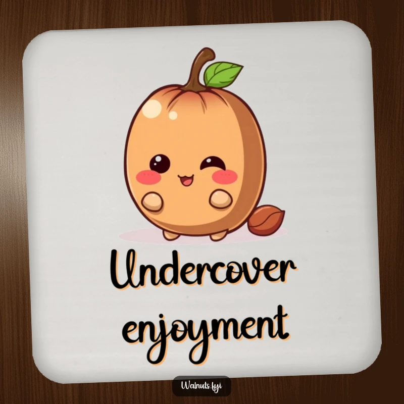 Funny chestnut coaster with a giggling brown character hiding with a mischievous grin behind a large nut, a humorous surface saver.