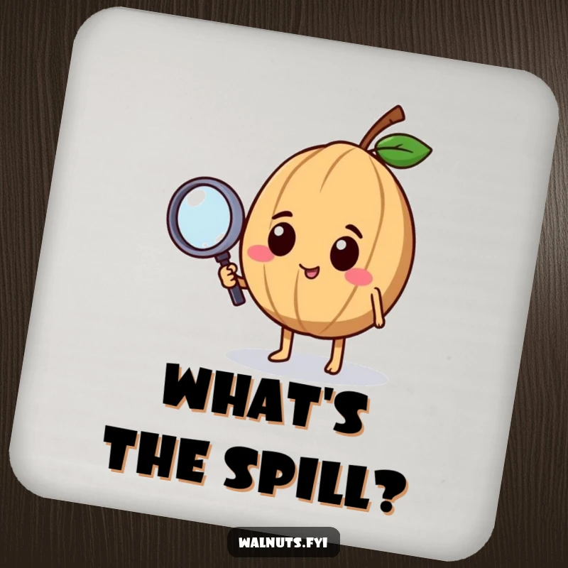 Funny drink coaster featuring a curious walnut character holding a magnifying glass, adding a touch of mystery to surfaces.