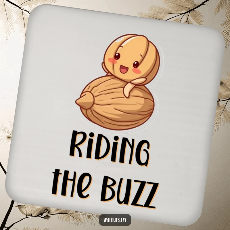 Funny drink coaster with a delighted walnut character beaming while riding on a larger, stylized nut.