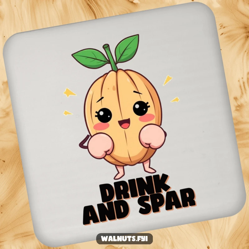 Funny Walnut Coaster: Happy walnut wearing tiny boxing gloves, protecting surfaces with spirit, funny gift.