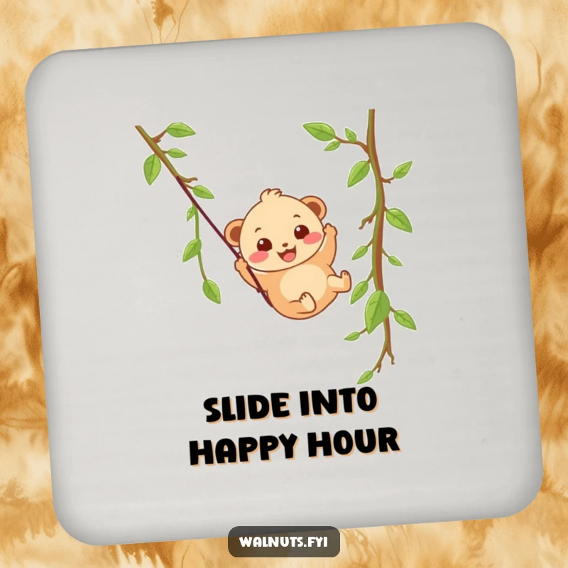 A wobbly beige hazelnut character with a happy grin slides down a vine zipline on this funny coaster.