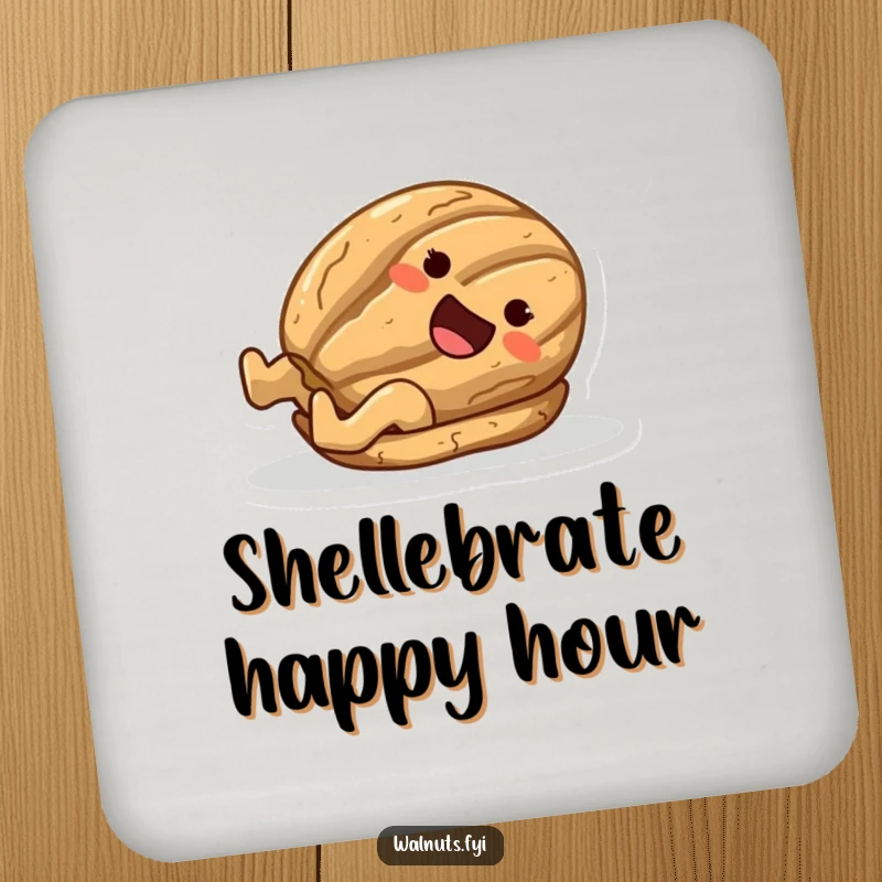 Funny drink coaster with a joyful walnut character sliding down a slick surface on its shell.