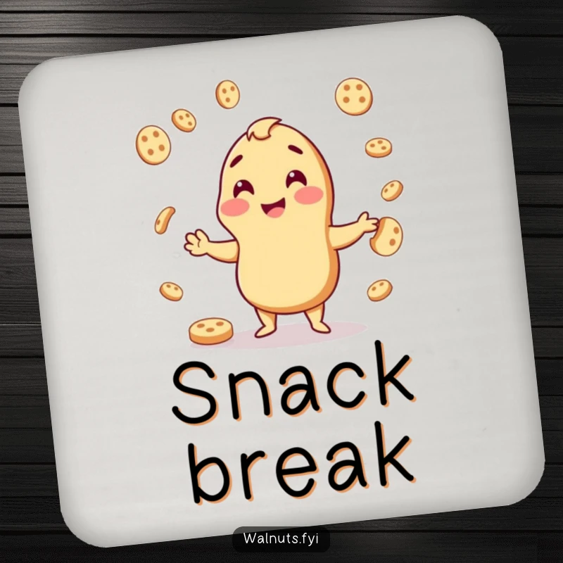 Funny coaster featuring a cheerful cashew juggling cookie pieces, adding playful protection to tabletops.