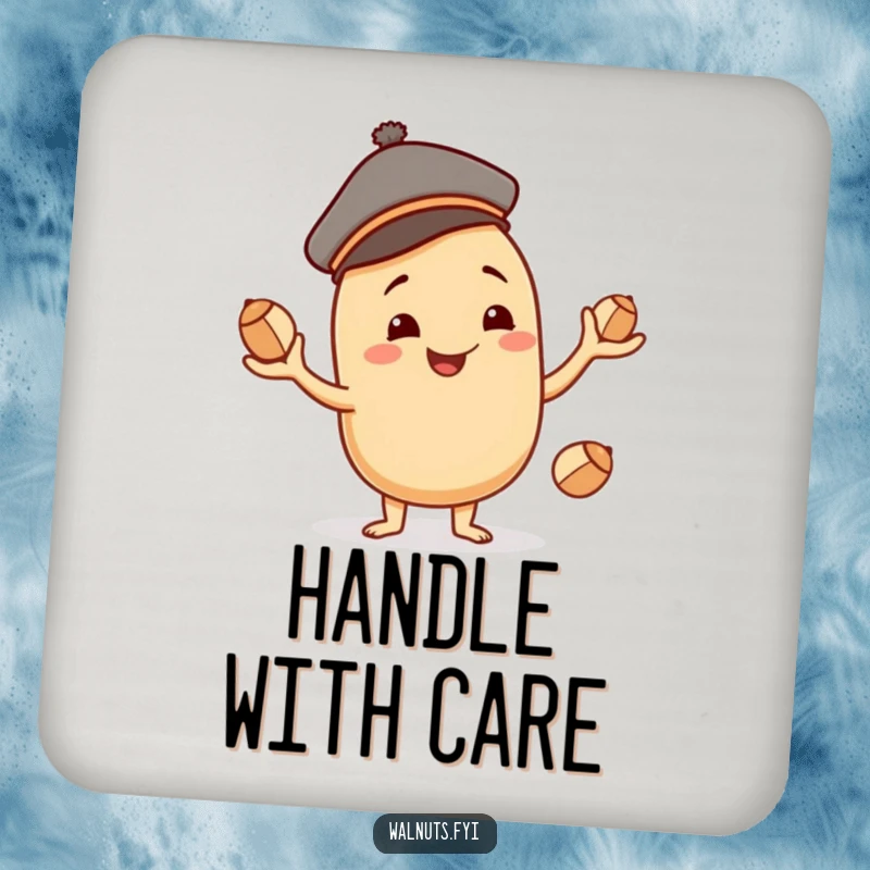 Funny beige cashew character with a jaunty cap, smiling and juggling nuts, a skillful protector for your drink surfaces.