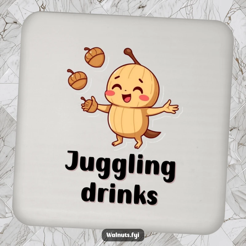 Protective funny juggling walnut drink coaster featuring a walnut juggling acorns, adding skill and humor to tables.