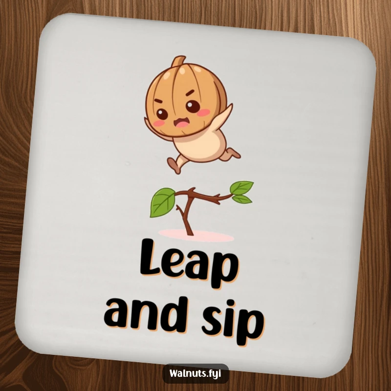 Funny determined walnut character leaping over a twig, printed on a decorative and humorous drink coaster.