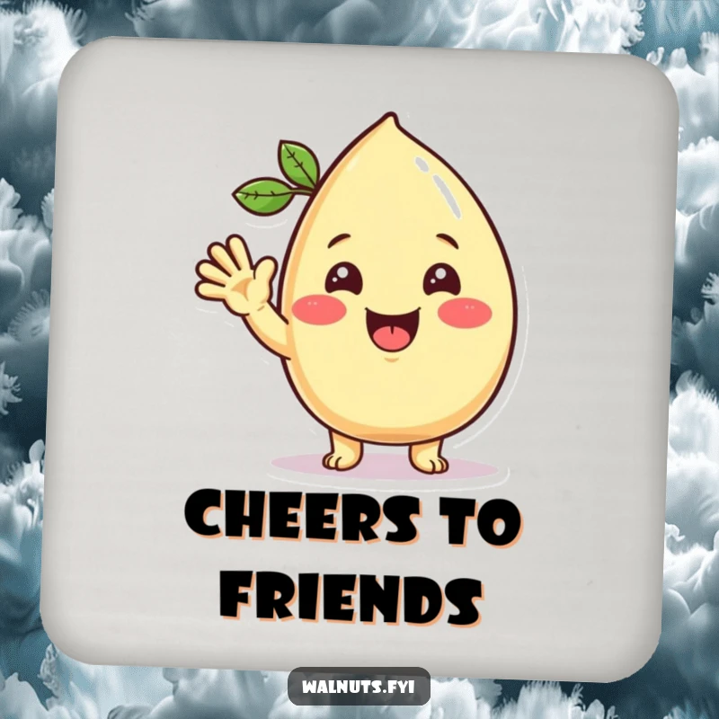 Funny Kawaii cashew drink coaster showing a beaming character giving a friendly wave, perfect for adding cheerful personality.