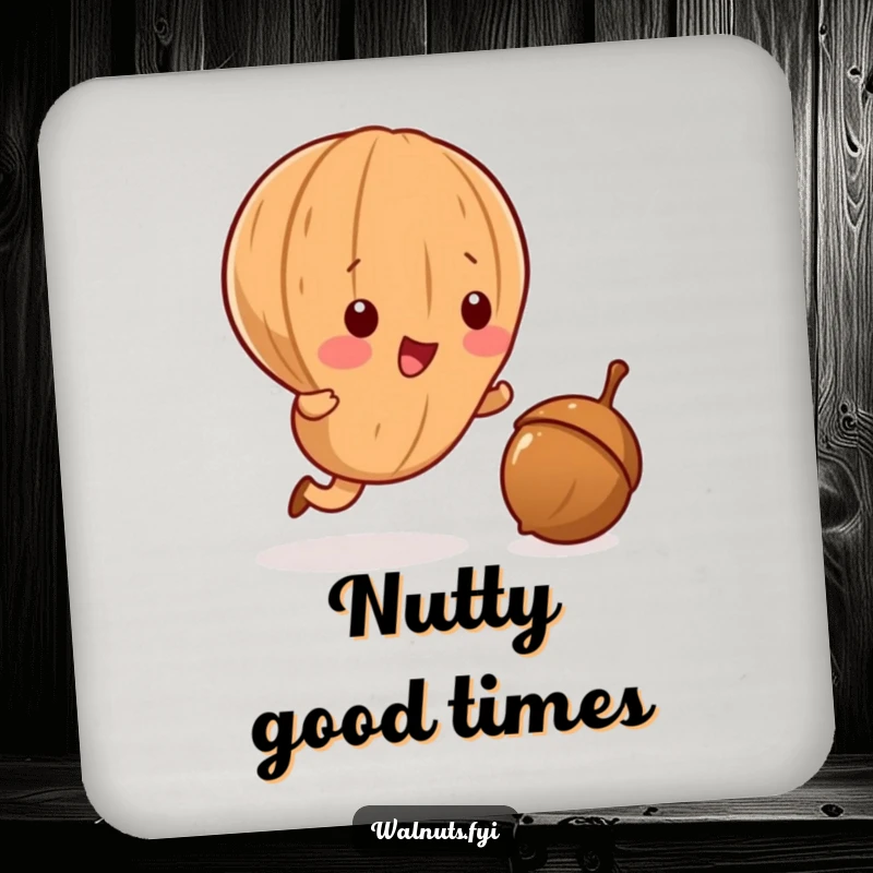 Funny Kawaii walnut drink coaster, depicting a playful walnut pursuing a rolling acorn, protects furniture with humor.