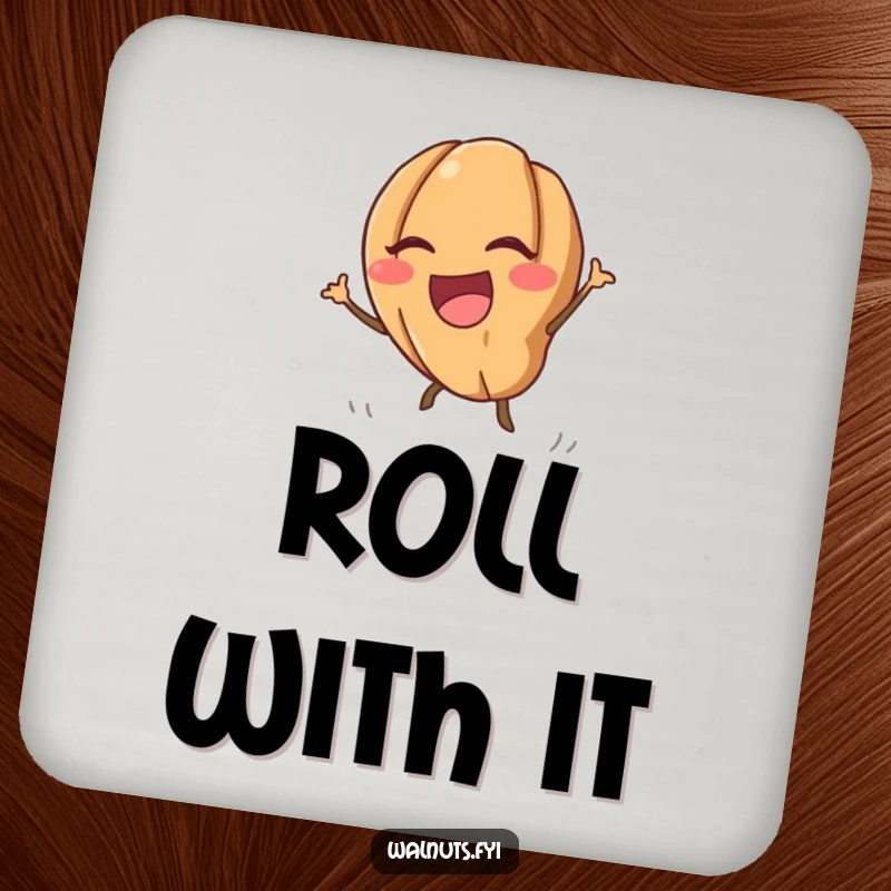 Protective funny kawaii walnut drink coaster featuring a laughing walnut rolling downhill, adding whimsy to tables.