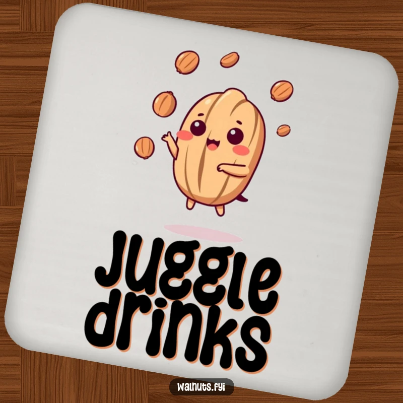 Funny Kawaii Walnut Juggling Coaster: A cartoon walnut juggles nut pieces with dexterity, offering a humorous and protective surface.