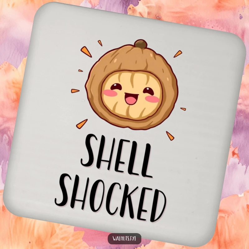 Funny Kawaii Walnut Surprise Coaster: A cartoon walnut splits open in shock, small shell pieces flying, providing a humorous barrier against spills.