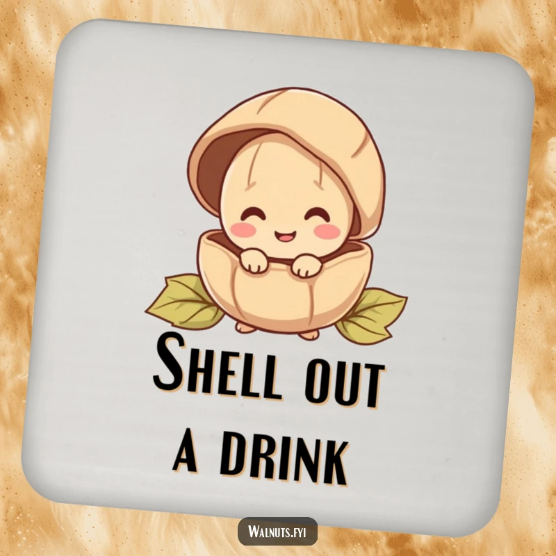 Funny drink coaster featuring a happy walnut character peeking out from behind a large shell, great for parties.