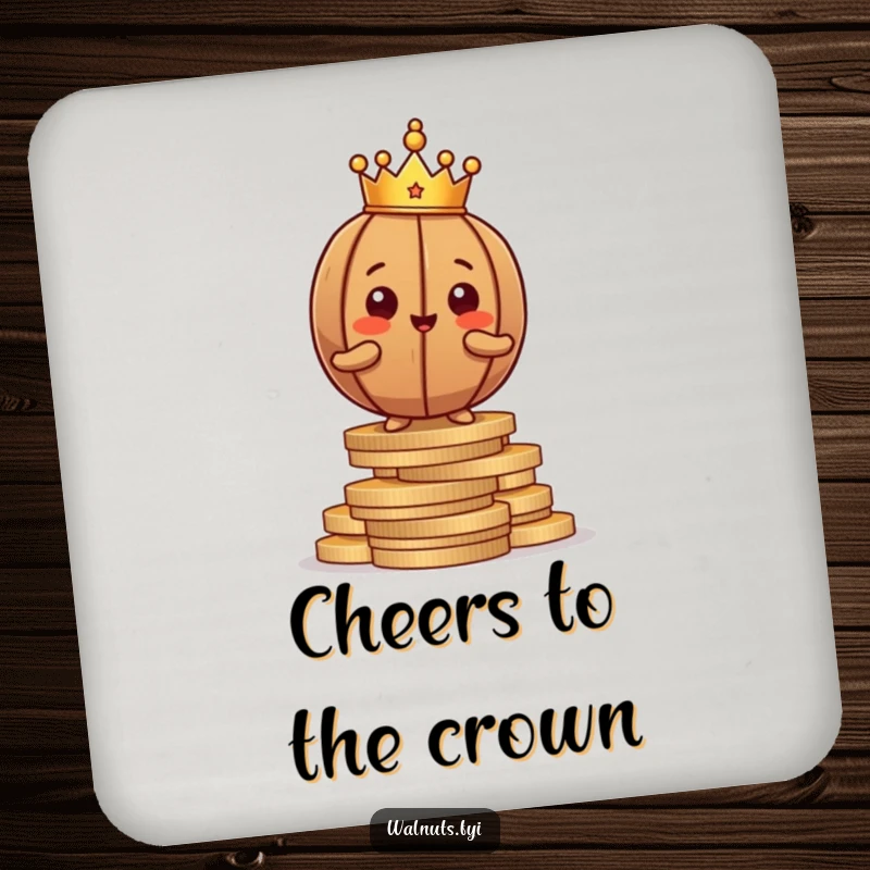 Funny brown walnut character crowned and posing proudly on coins, a regal protector for your drink surfaces.