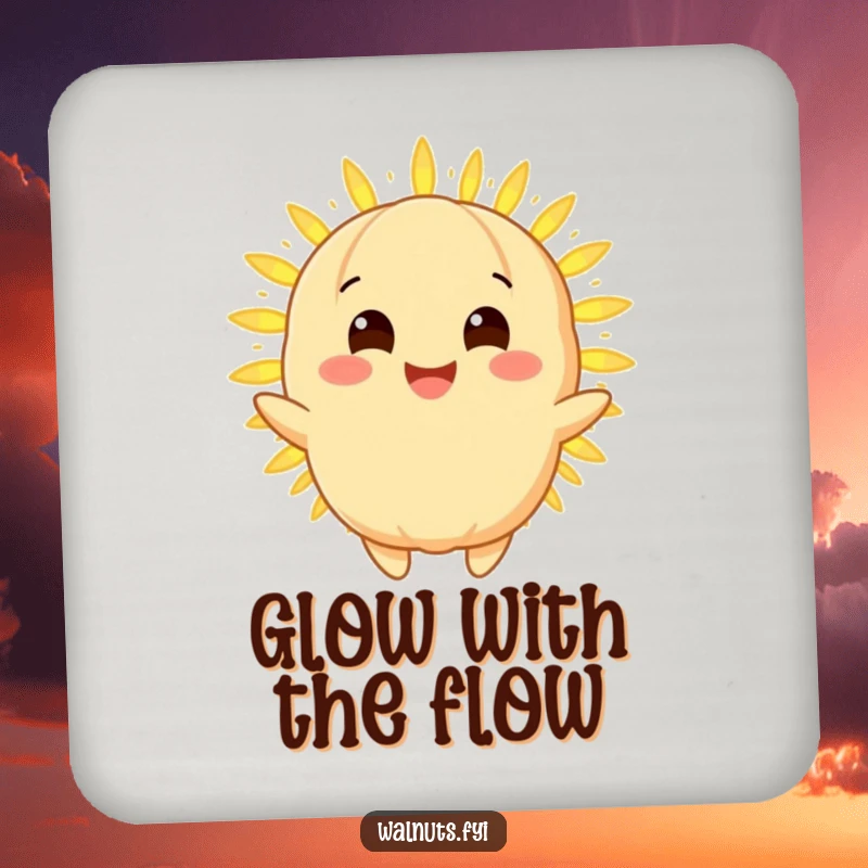 Funny macadamia nut coaster featuring a golden character with a bright smile emitting a warm glowing light, a humorous surface protector.