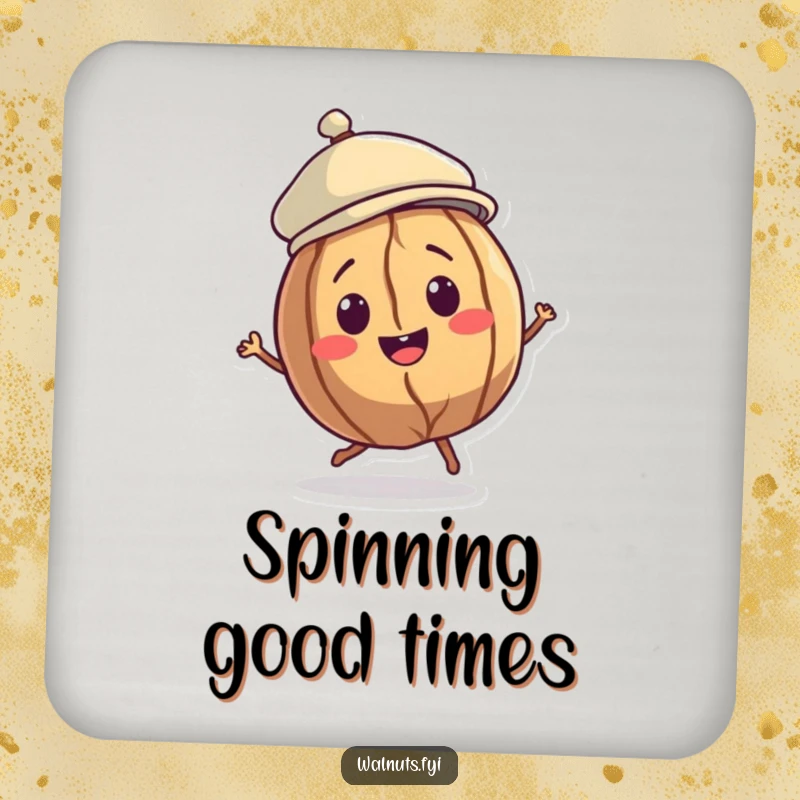 Funny Walnut Dancer Coasters (Set of 4) showing a smiling walnut character in a jaunty cap, doing a little spin, adding playful humor to tabletops.