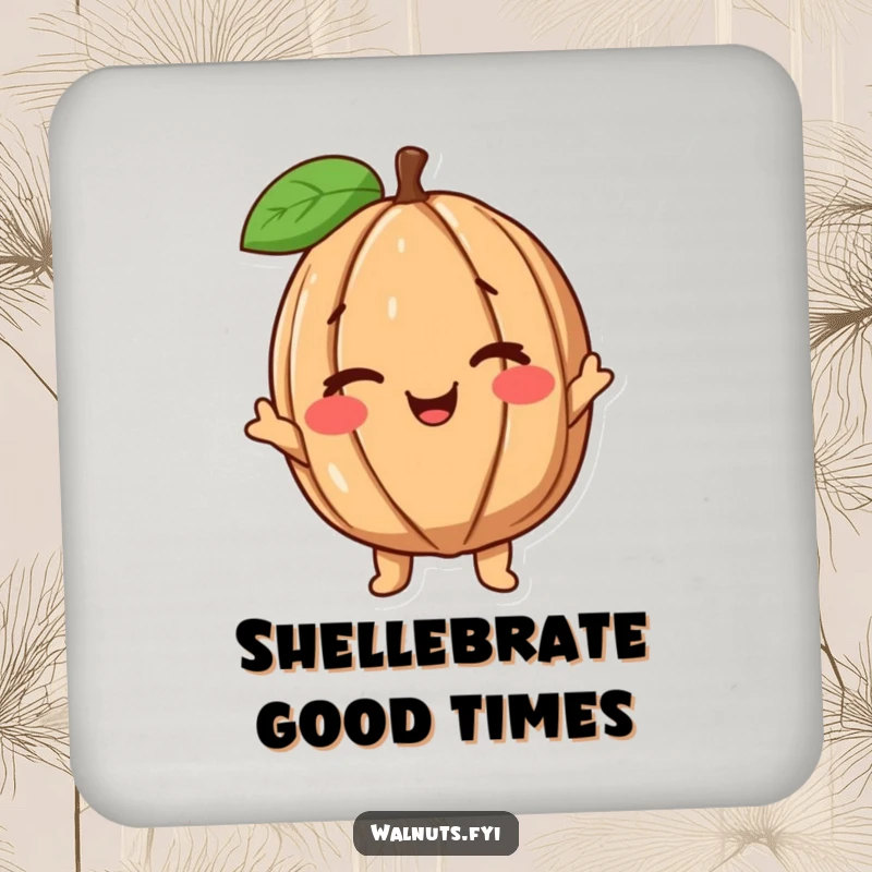 Funny Walnut Drink Coaster featuring a happy, smiling walnut character giving a playful wink, protecting surfaces.