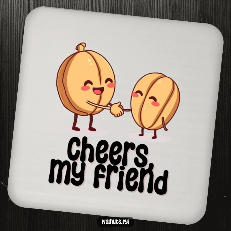 Funny drink coaster featuring a beaming walnut offering a tiny handshake to another walnut, symbolizing nutty connection.