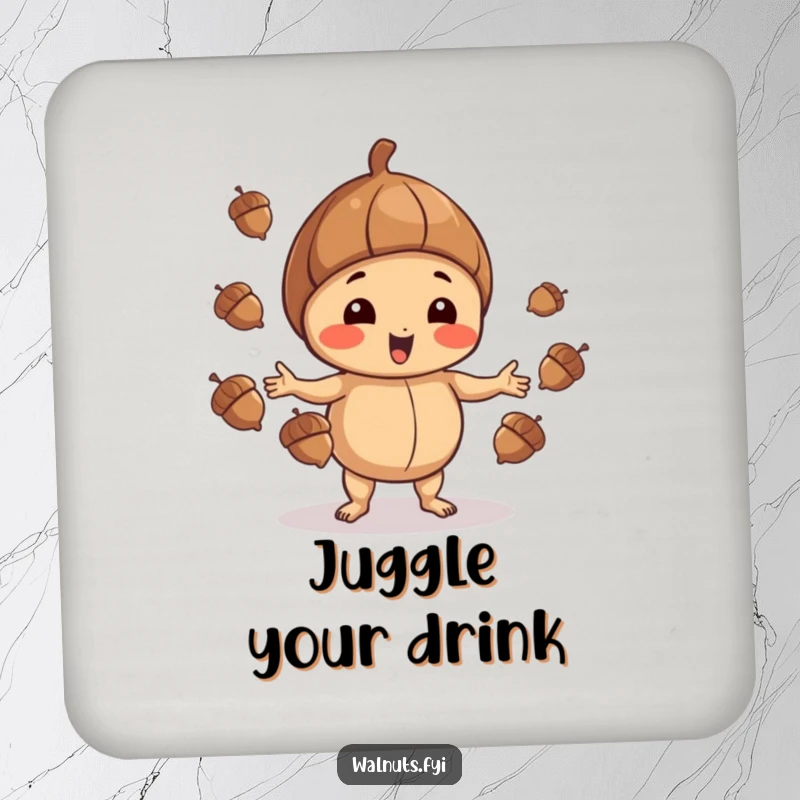 Funny Walnut Coaster: Playful walnut juggling acorns, protecting surfaces with skill, funny gift.