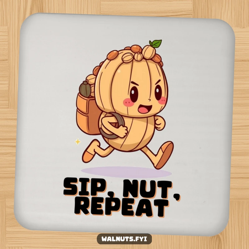 Funny coasters featuring a determined walnut character sprinting with a nut-filled backpack, protecting surfaces with humor.