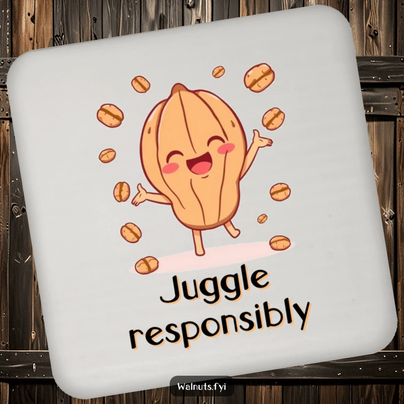 Funny drink coaster featuring a joyful walnut character playfully juggling smaller walnut pieces, great for parties.