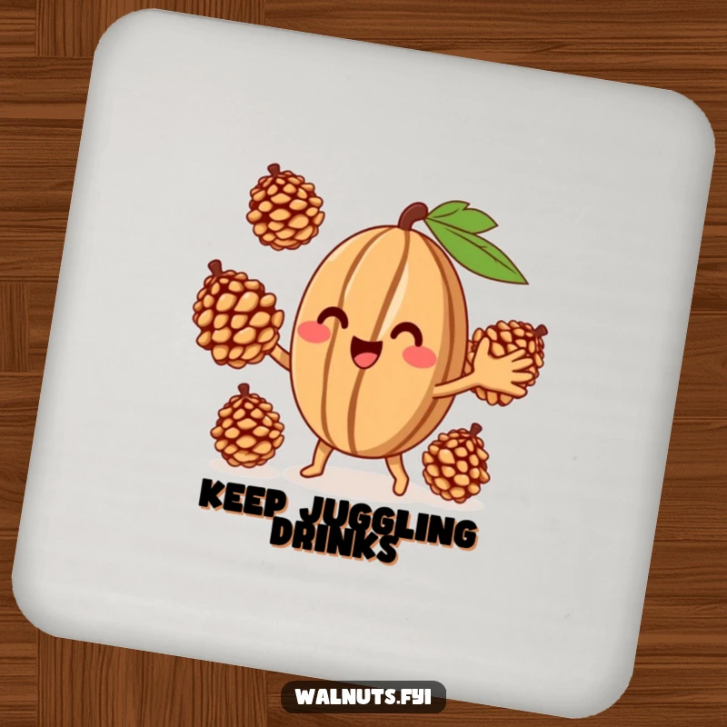 Funny Juggling Walnut Coaster, a smiling walnut character juggling pinecones, adding humor to drink coasters.