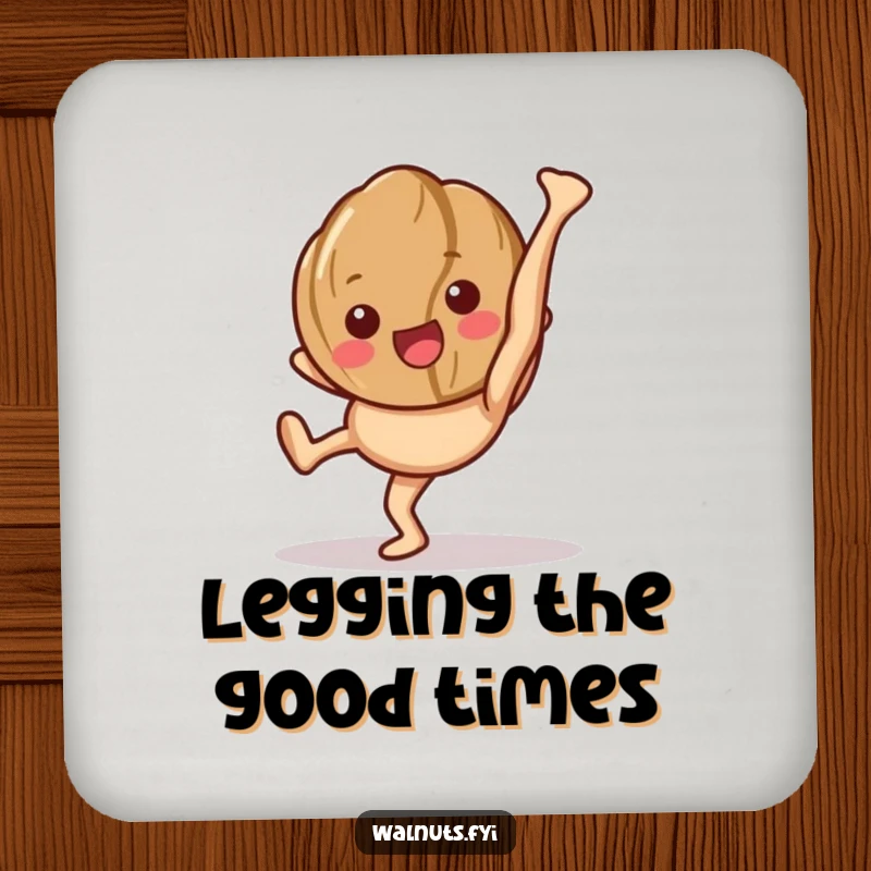 Funny drink coaster with a happy walnut character performing a cartwheel, showing its legs.