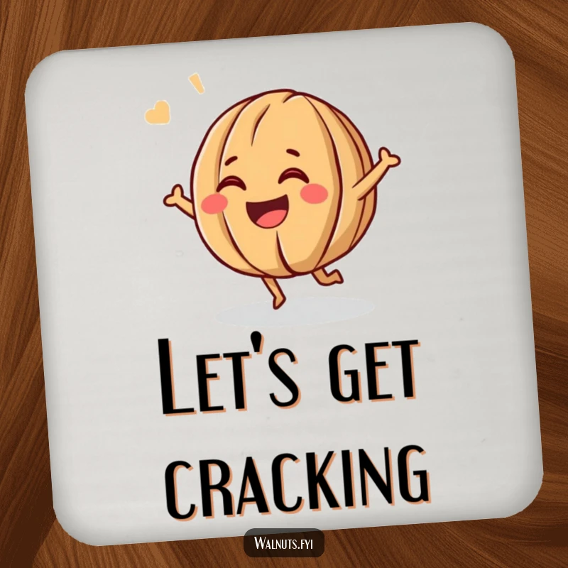 Funny drink coasters featuring a giggling walnut character bouncing energetically, adding a touch of humor to tabletops.