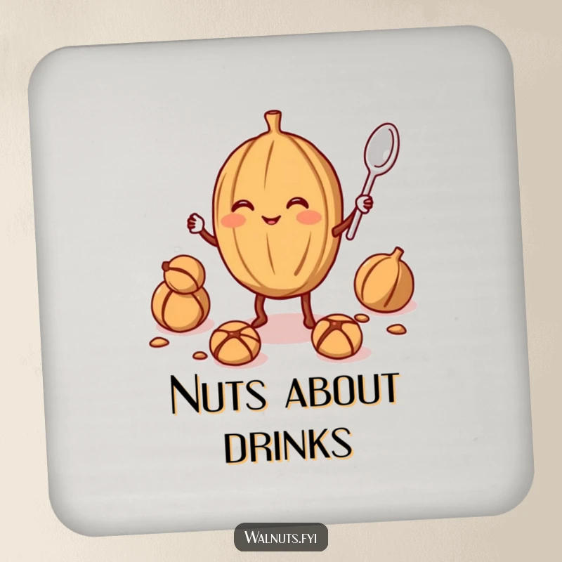 Funny walnut juggler coaster set featuring a smiling walnut juggling a smaller walnut and a spoon, designed for table protection with a humorous nutty design.