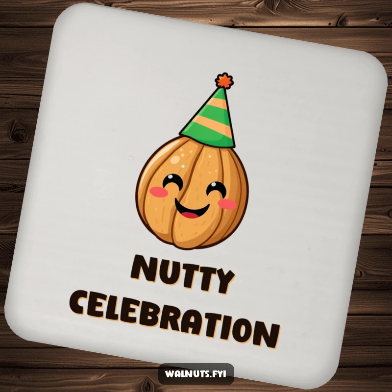 Funny coaster showcasing a cheerful walnut wearing a party hat, protecting tables with humor, a delightful funny gift.