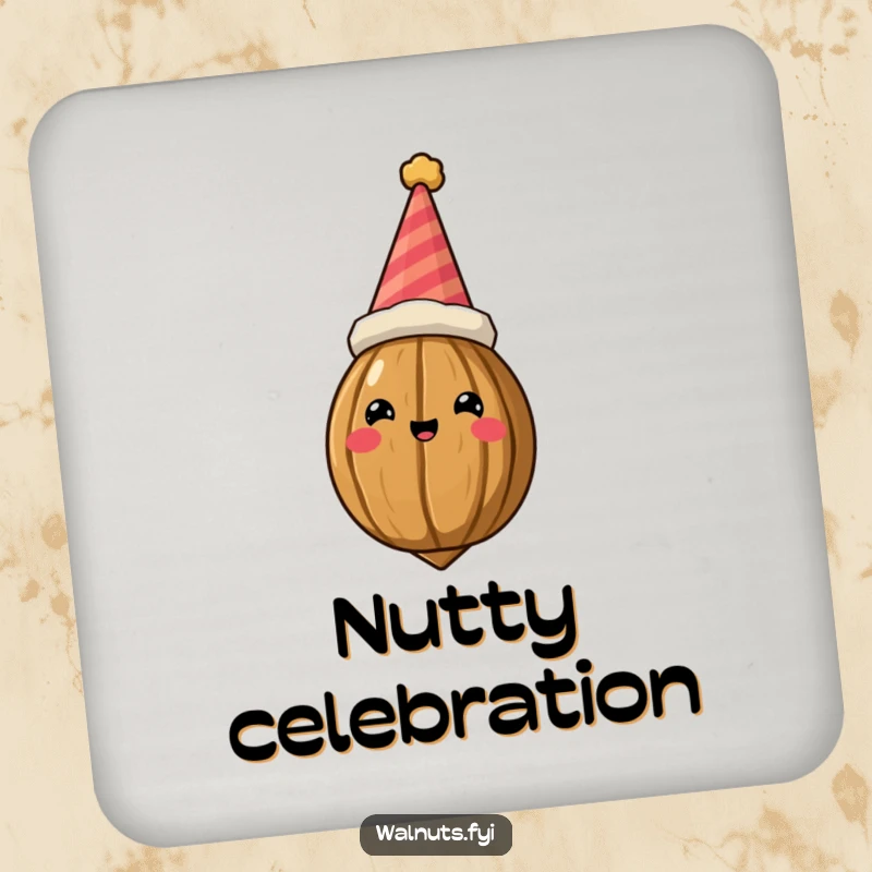 Funny Drink Coaster displaying a regal walnut in a party hat, guarding drinks with comical, royal presence.