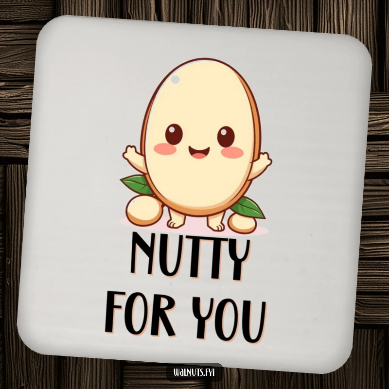 Funny drink coasters with a happy Kawaii macadamia nut character offering a piece, offering surface protection with a theme of sharing.