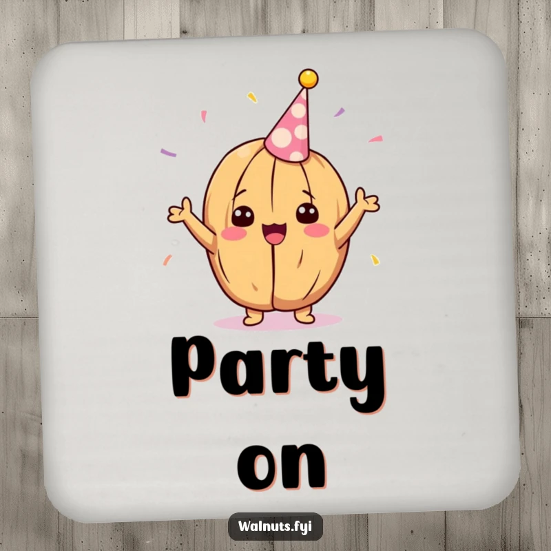 Funny Kawaii walnut drink coaster, a delighted walnut cheering with a party streamer, protects surfaces with humor.