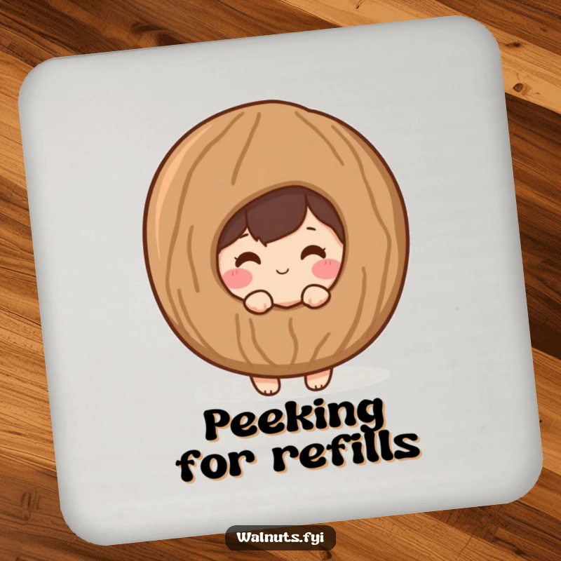 Funny drink coaster featuring a shy, blushing walnut character peeking from behind a giant, stylized walnut shell.