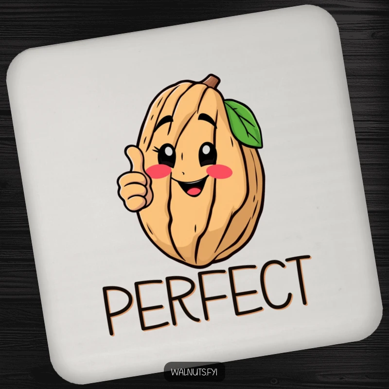 Funny coaster showcasing a happy walnut giving a thumbs up, protecting tables with positive vibes, a delightful funny gift.