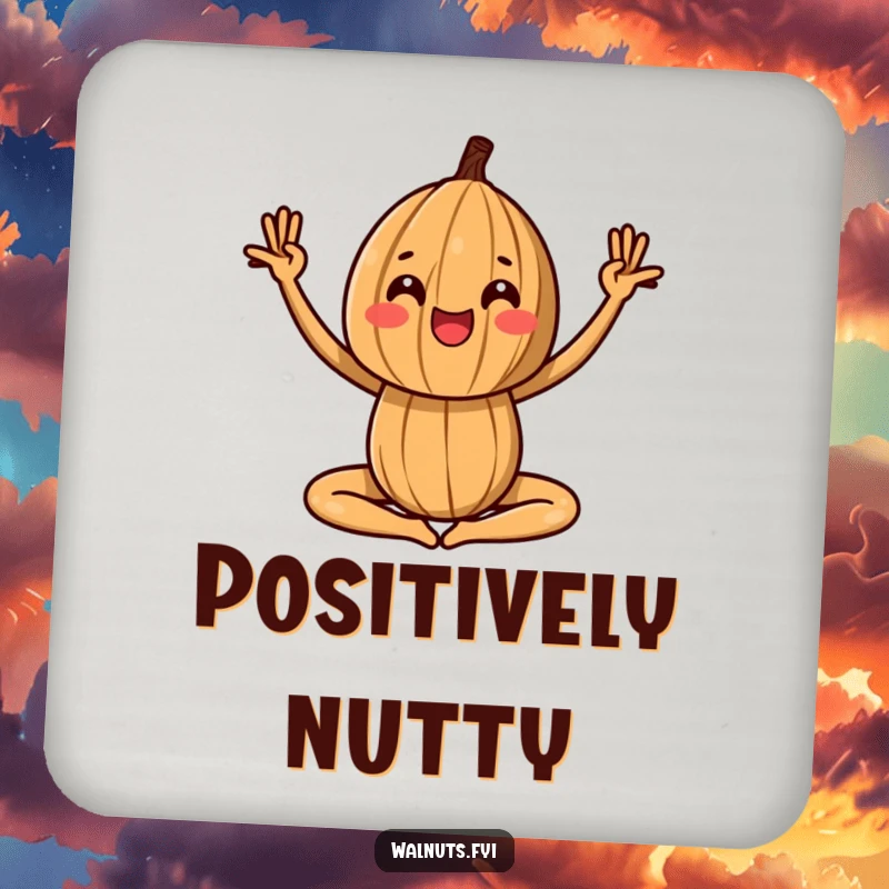 Funny coasters with a walnut in a yoga pose, providing peaceful charm and surface protection.