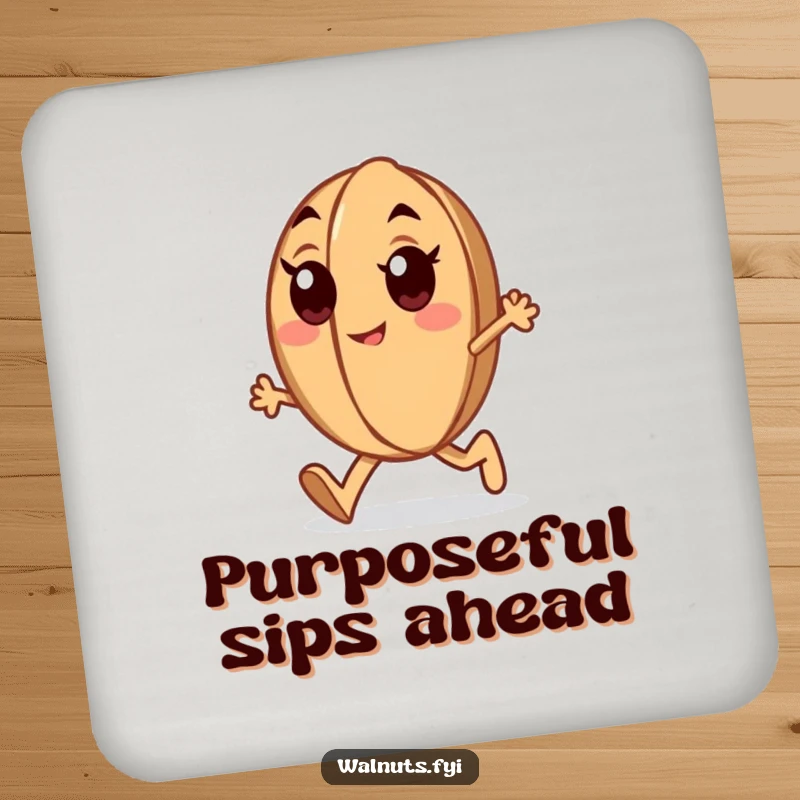 Funny determined walnut drink coasters showing a marching walnut with enthusiastic eyes, protecting surfaces with humor.