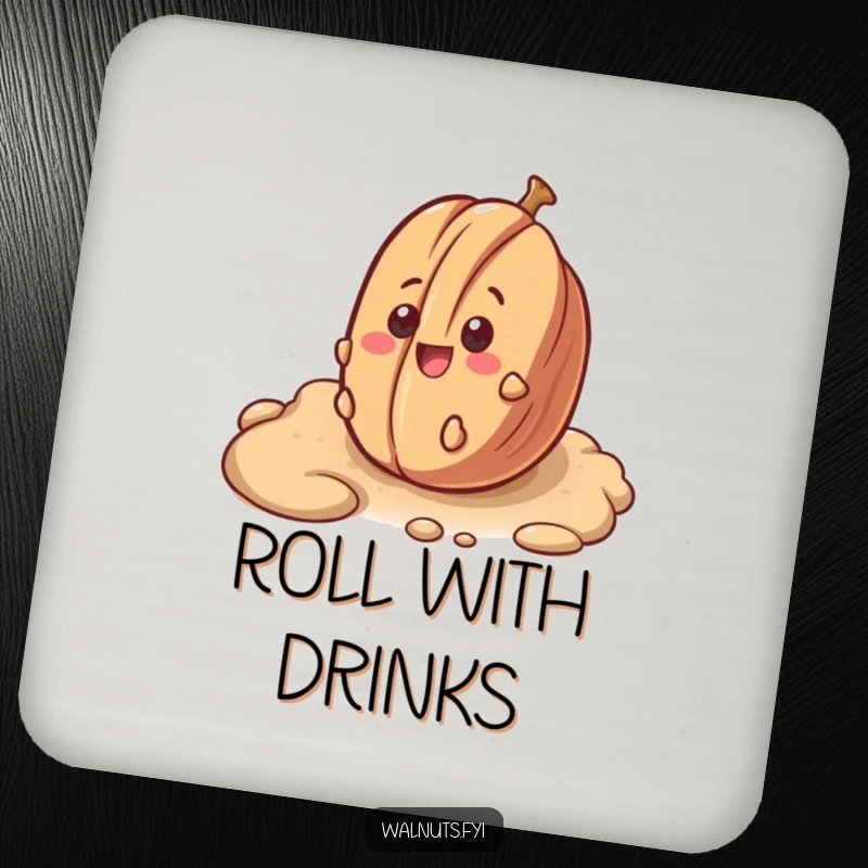 Funny coaster featuring a surprised pecan smiling while rolling down a bumpy surface, adding playful protection.
