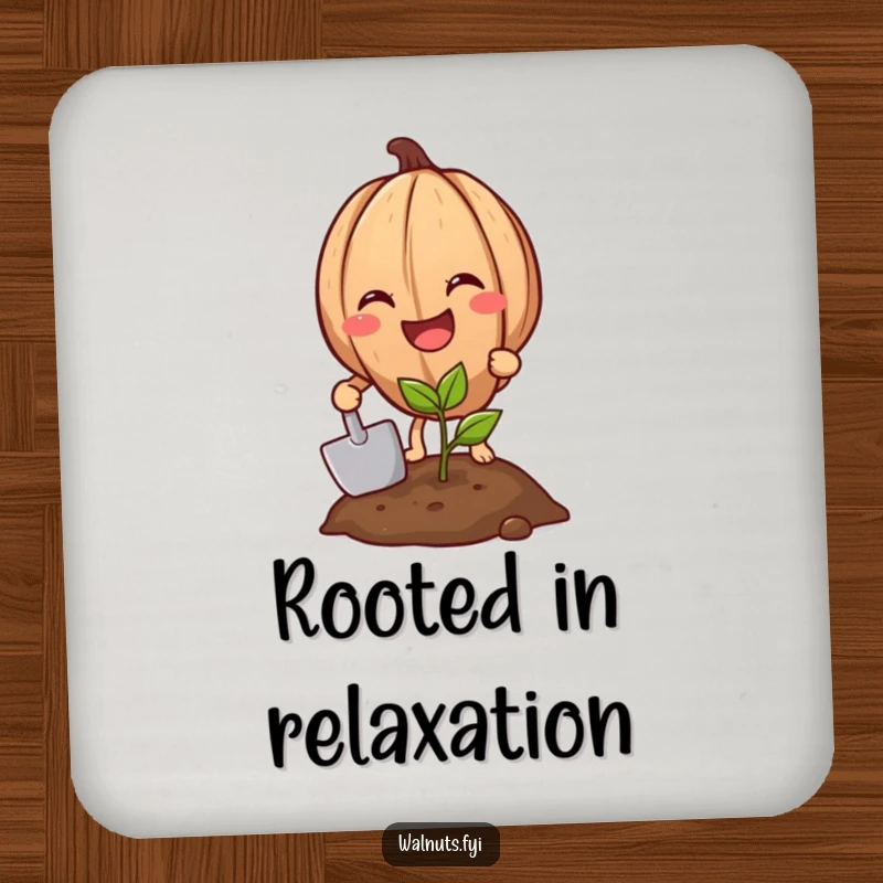 Funny Walnut Gardener Coaster, a smiling walnut planting a sprout, adding humor to drink protection.