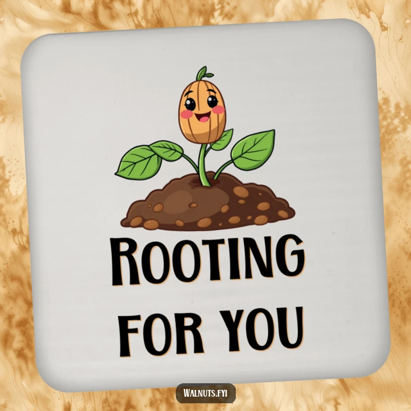 Funny coaster featuring a happy walnut sprout pushing up from the soil, protecting surfaces.