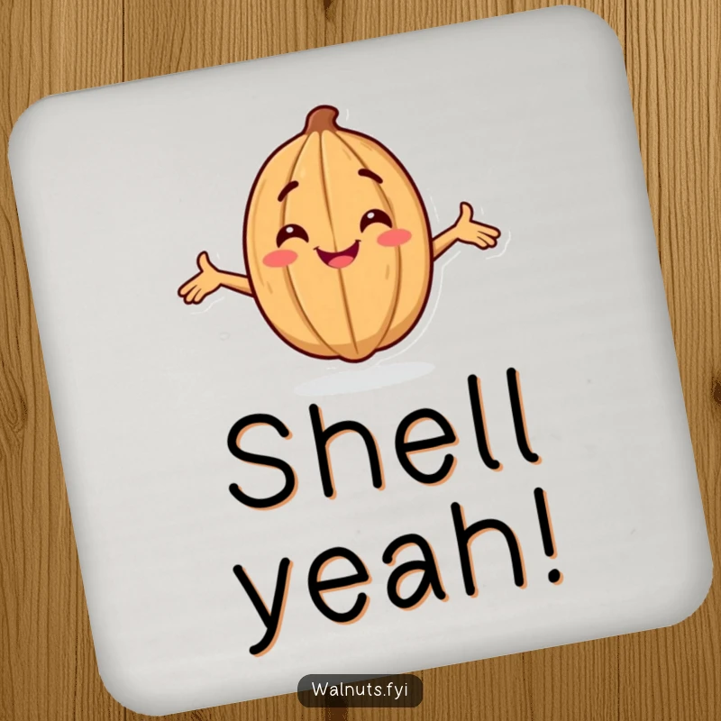 Funny drink coaster featuring a smiling walnut character striking a confident pose, protecting surfaces with style.