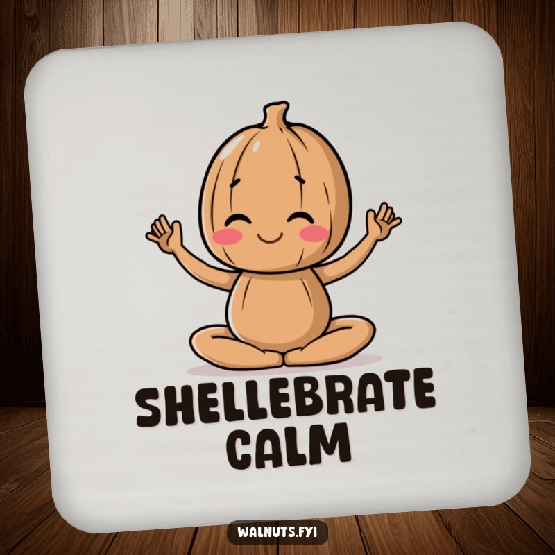 Funny coaster with a walnut character in a gentle yoga pose, protecting tables with tranquility.