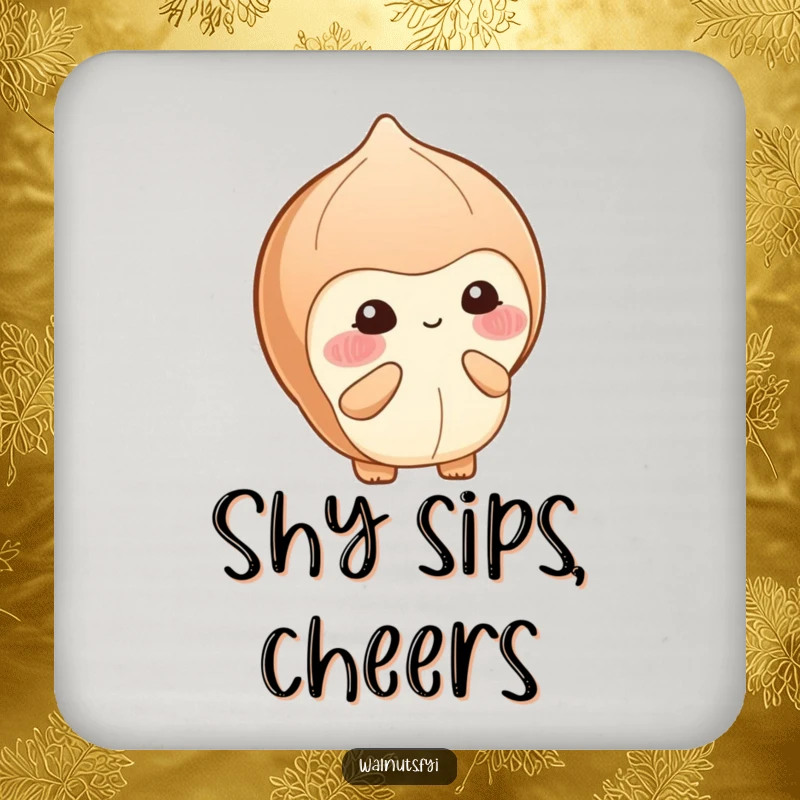 Funny coaster with a blushing hazelnut shyly offering a small berry with a bashful smile, protecting surfaces gently.