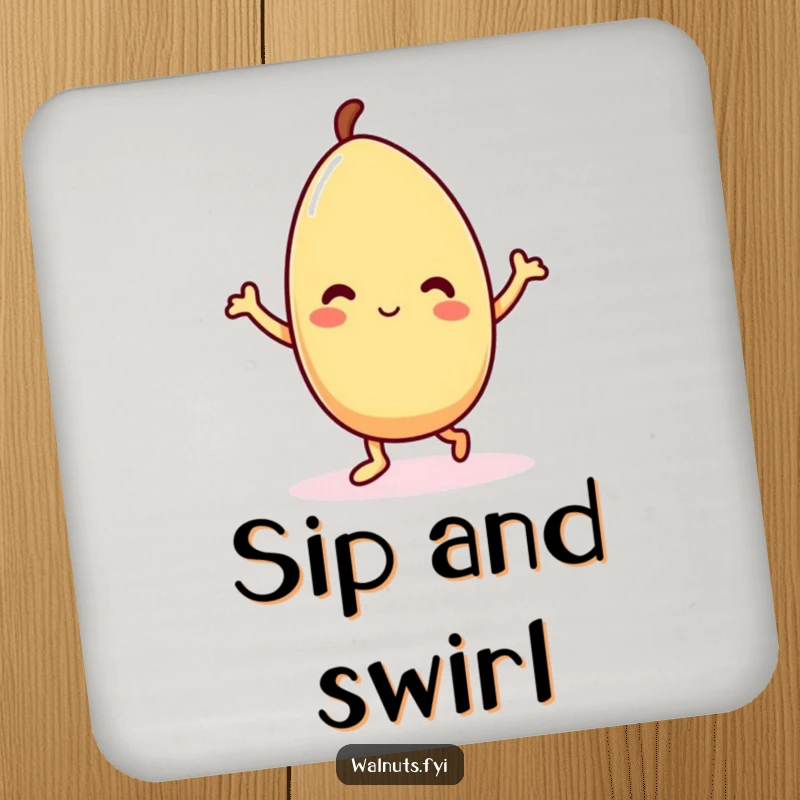 Funny Kawaii almond drink coaster showcasing a delighted dancing character, adding animated charm and protecting your furniture.