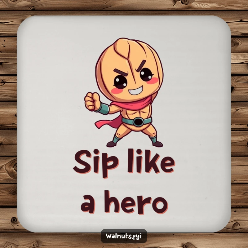 Funny coasters featuring a vibrant walnut character in a heroic pose, protecting surfaces with superhero style.