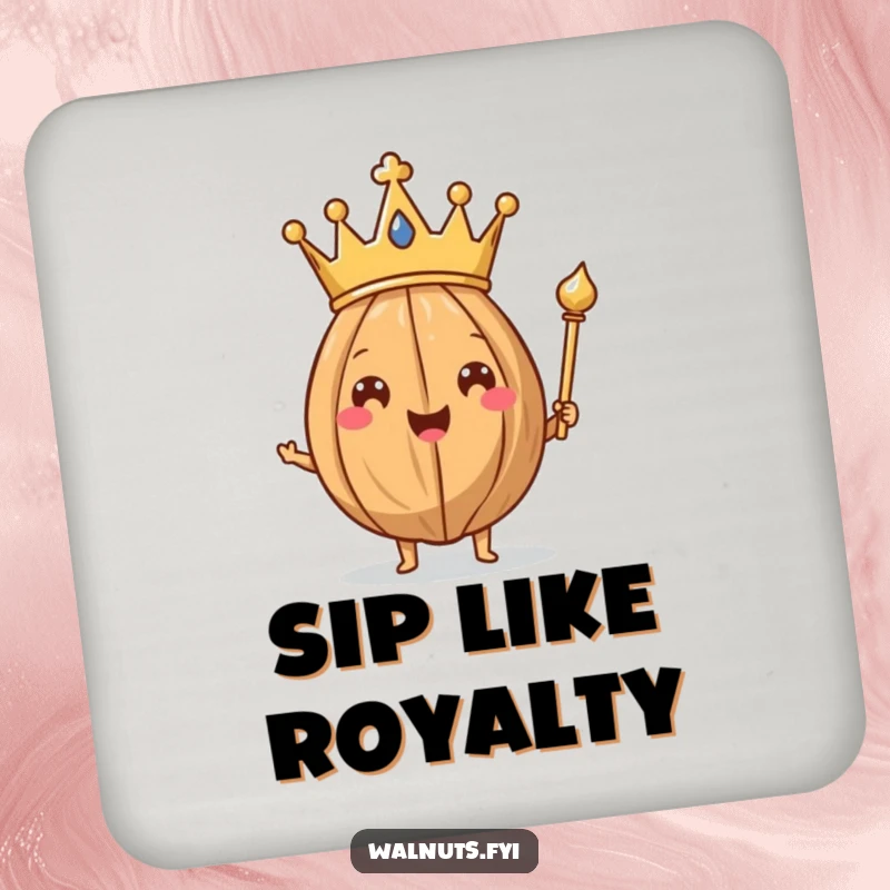 Funny Walnut King Drink Coasters featuring a happy walnut wearing a crown and holding a scepter, looking regal.