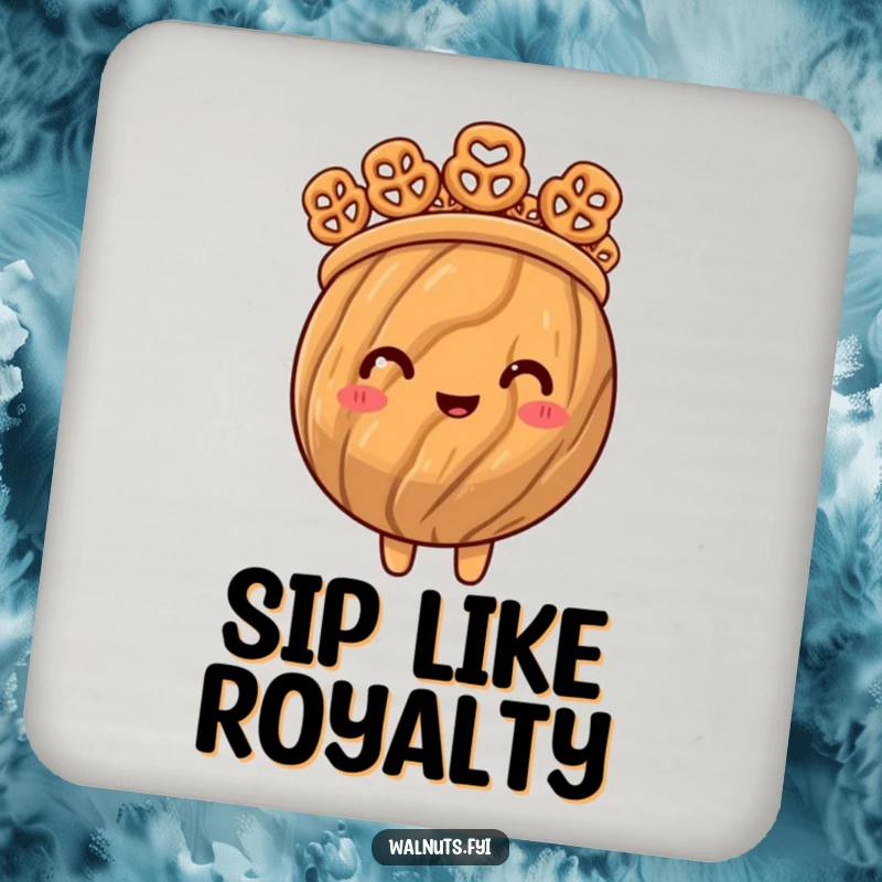 Funny coaster art of a proud walnut wearing a crown made from miniature pretzel bites, adding a regal touch.