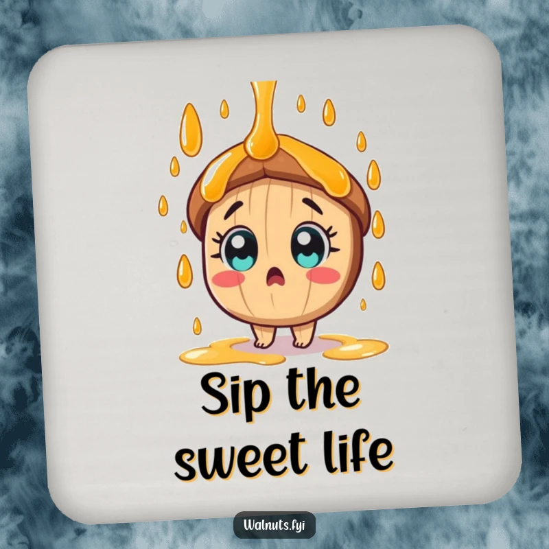 A surprised tan pecan character with wide eyes is showered by sweet syrup on this funny coaster.