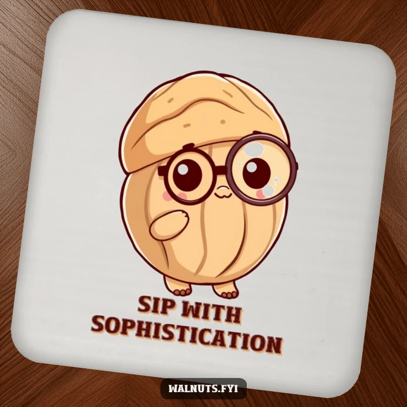 Funny Posh Walnut Coaster: A sophisticated walnut shell with a monocle, protecting surfaces with posh charm.