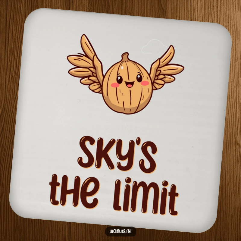 Funny coaster showcasing a walnut with wings playfully lifting off, protecting surfaces with humor.